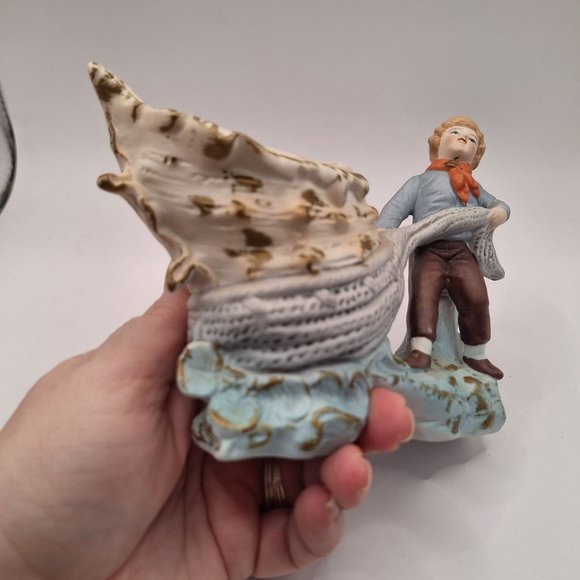 RARE VINTAGE GEROLD PORZELLAN BAVARIA CONCH SHELL IN NET PLANTER WITH BOY - Picture 10 of 10